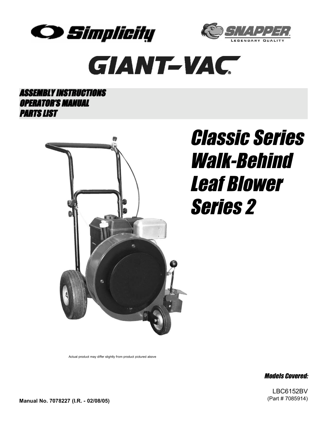 Snapper LBC6152BV manual Classic Series Walk-Behind Leaf Blower 