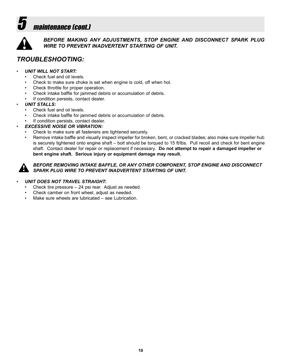 Snapper LBC6152BV manual Troubleshooting, Unit will not Start 