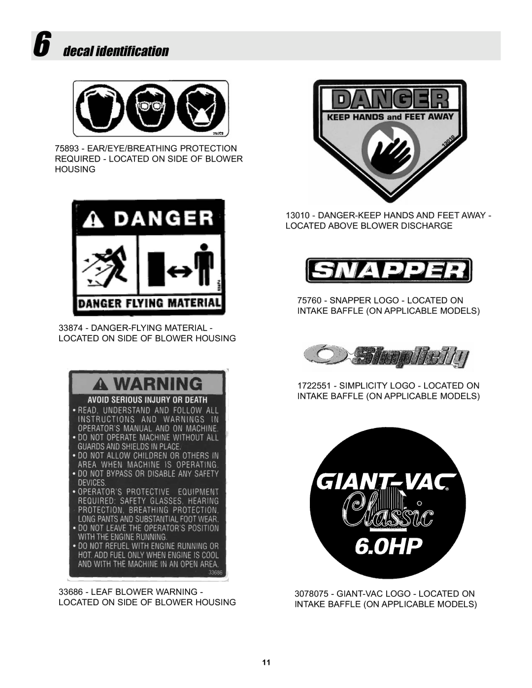 Snapper LBC6152BV manual Decal identification 