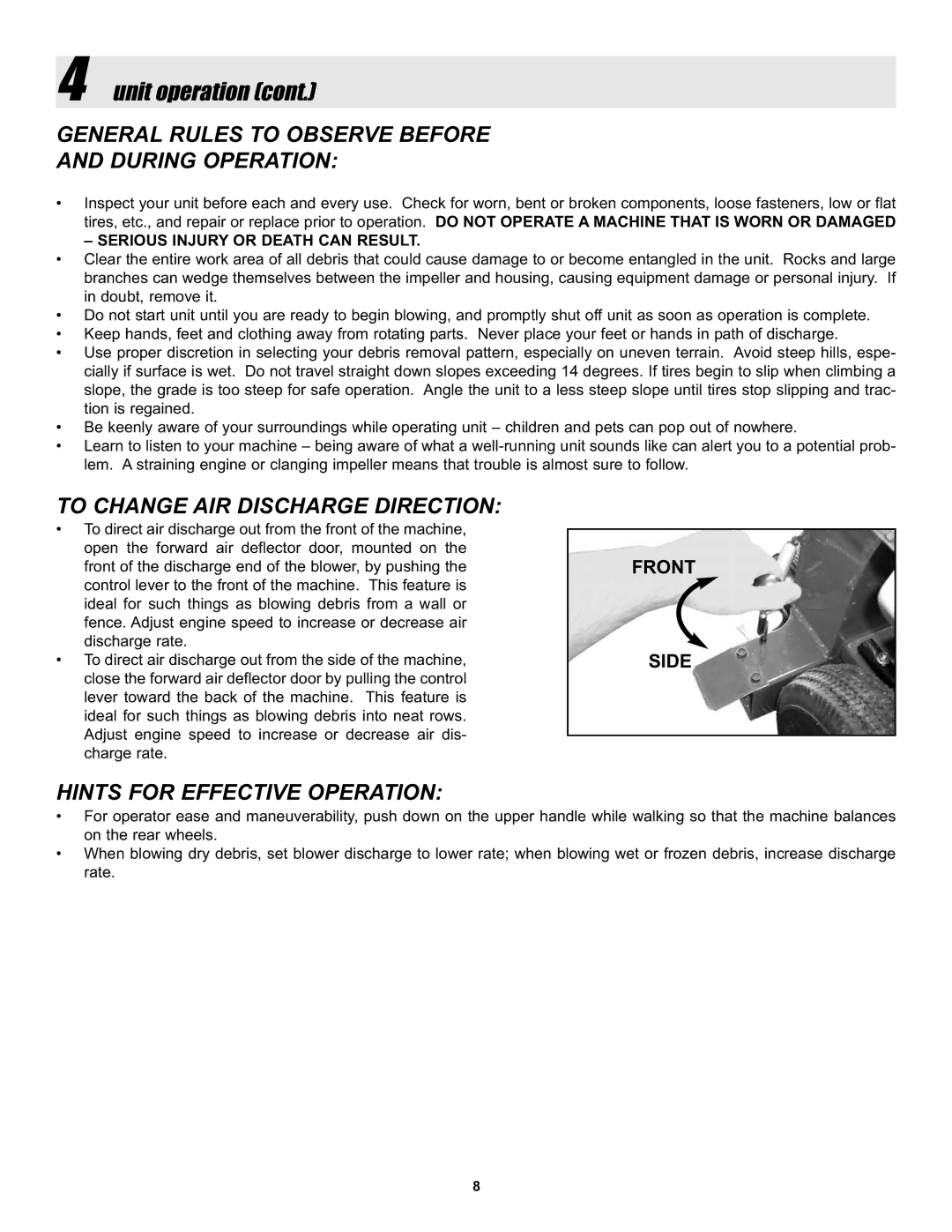 Snapper LBC6152BV manual General Rules to Observe Before During Operation, To Change AIR Discharge Direction 