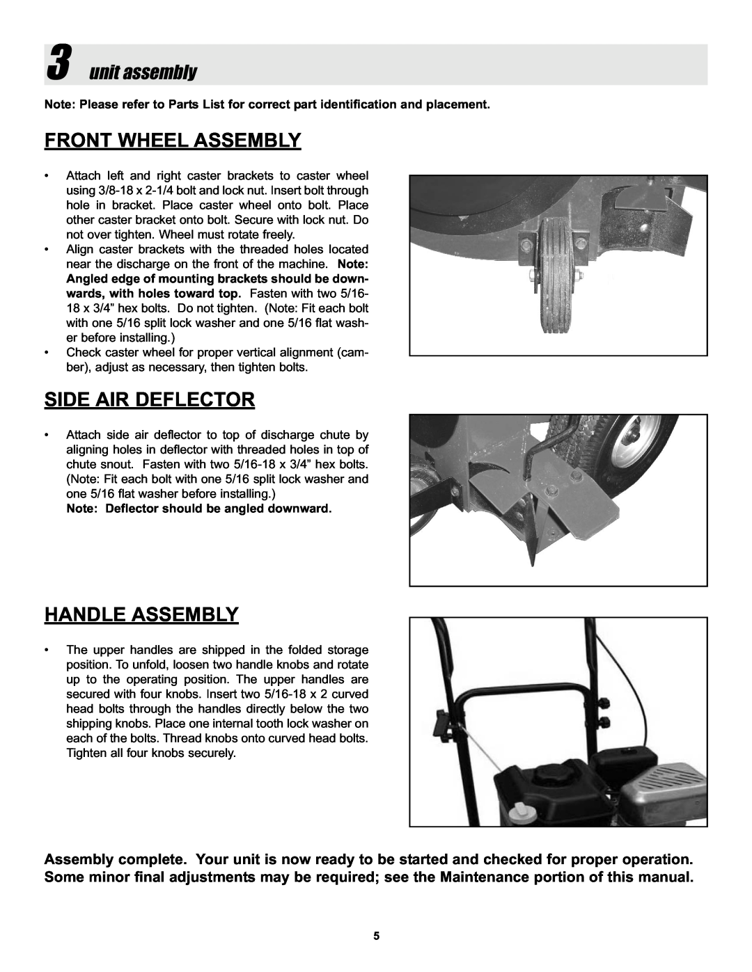 Snapper LBC6152BV manual Front Wheel Assembly, Side Air Deflector, Handle Assembly, 3unit assembly 