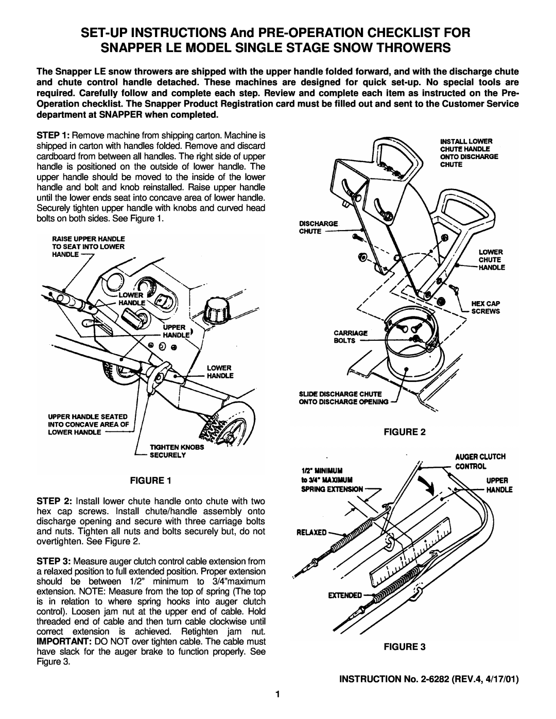 Snapper LE manual SET-UPINSTRUCTIONS And PRE-OPERATIONCHECKLIST FOR, Snapper Le Model Single Stage Snow Throwers 