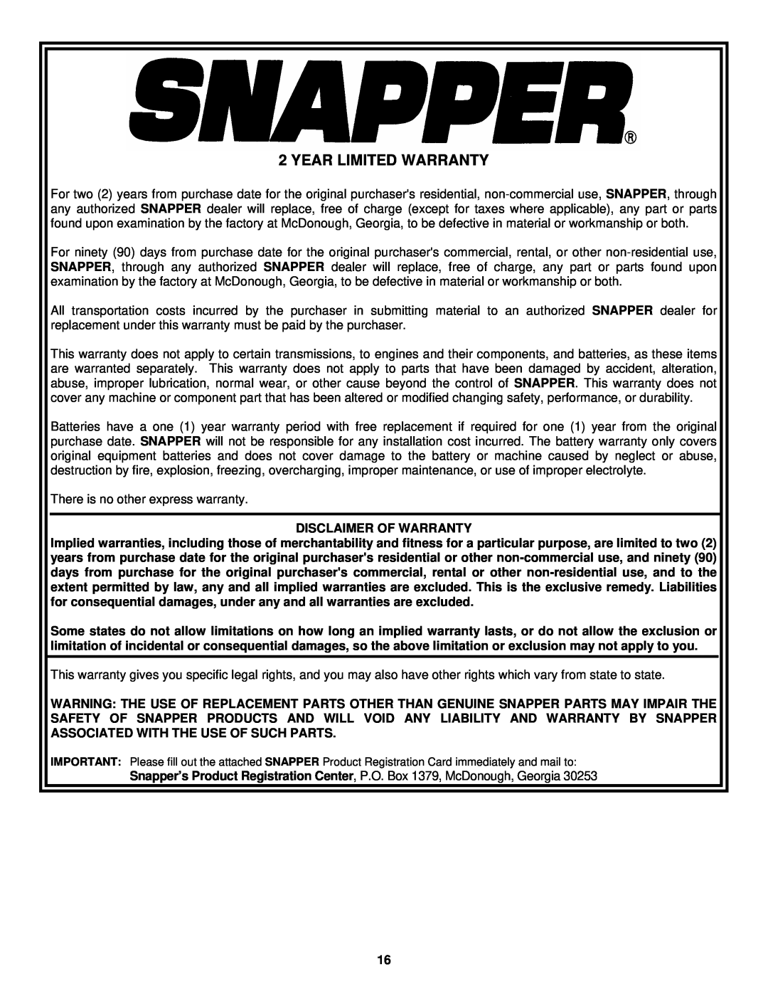 Snapper LE3171R, LE3191R, LE3191E important safety instructions Year Limited Warranty 