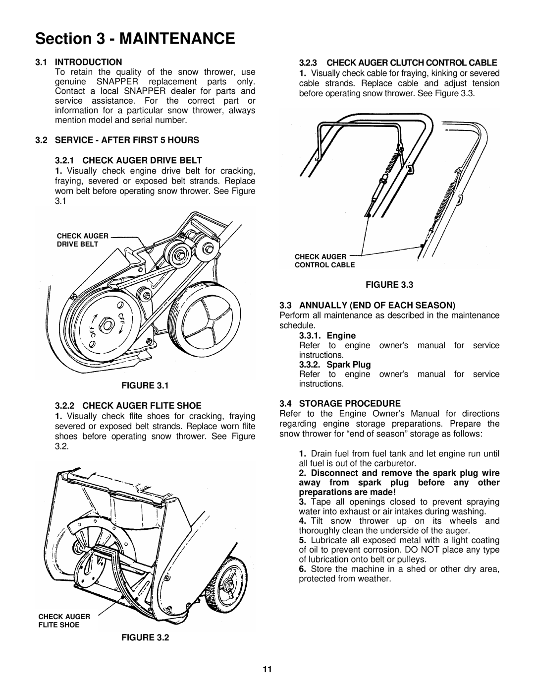 Snapper LE3171R, LE3191R, LE3191E Introduction, Service After First 5 Hours Check Auger Drive Belt, Check Auger Flite Shoe 