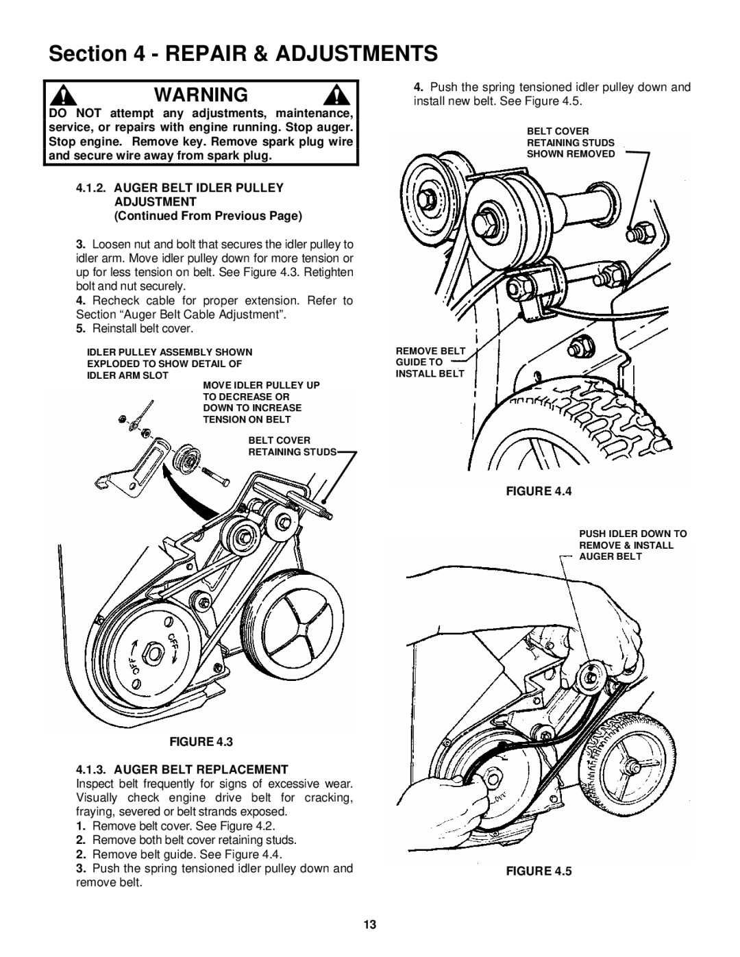 Snapper LE3171R, LE3191R, LE3191E important safety instructions From Previous, Auger Belt Replacement 