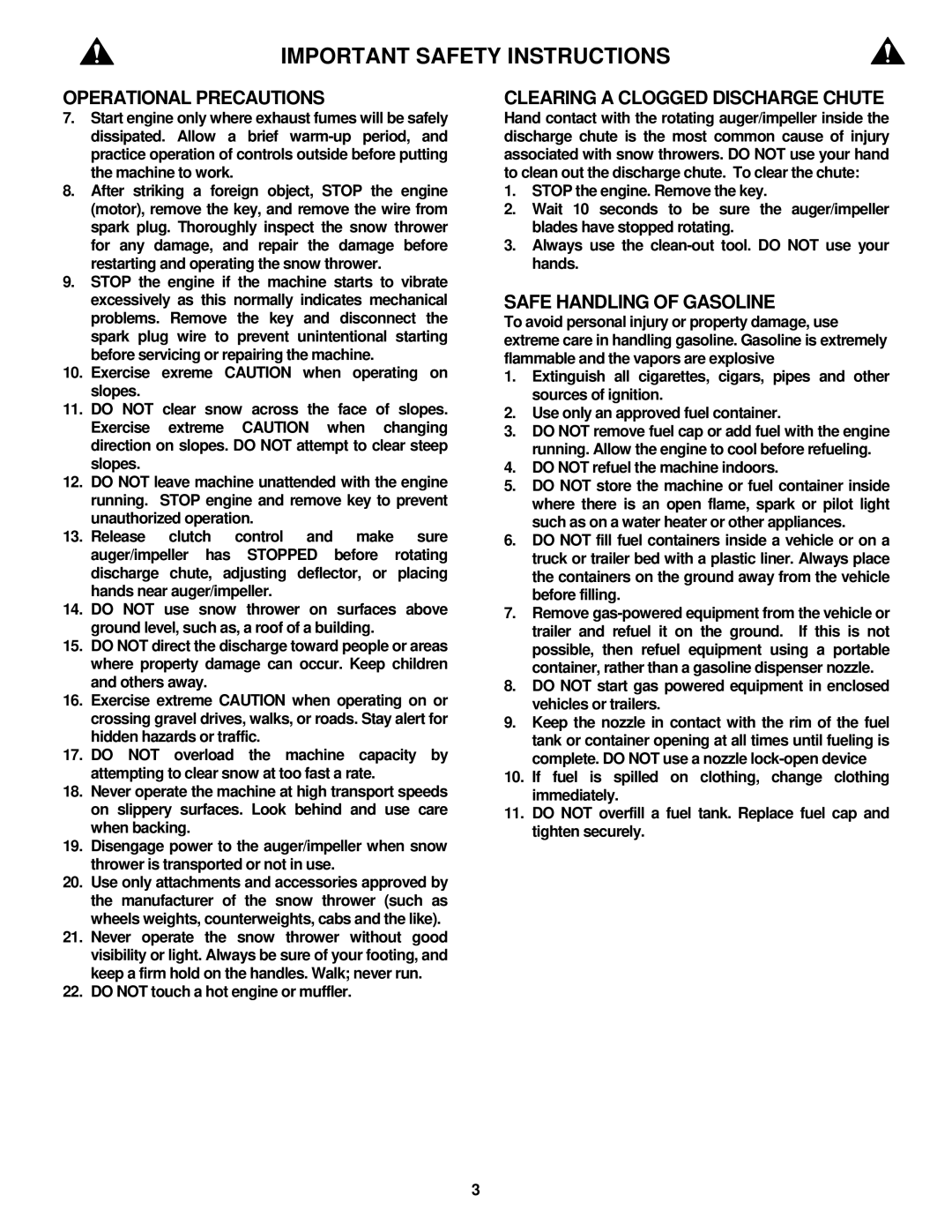 Snapper LE3171R, LE3191R, LE3191E Clearing a Clogged Discharge Chute, Safe Handling of Gasoline 