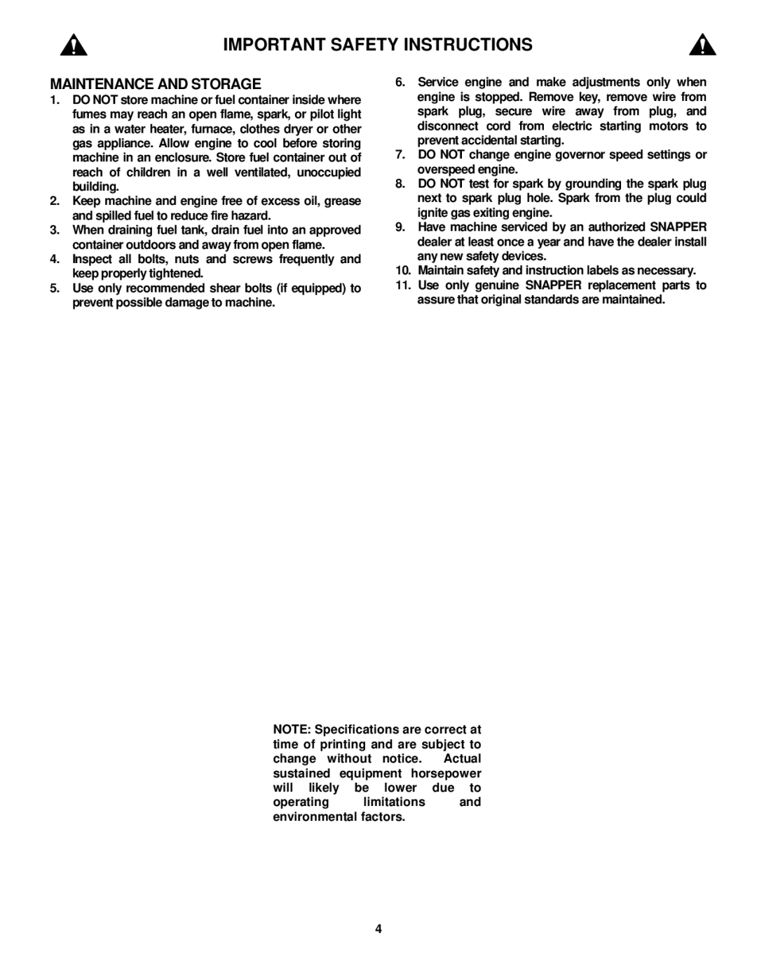 Snapper LE3171R, LE3191R, LE3191E important safety instructions Maintenance and Storage 