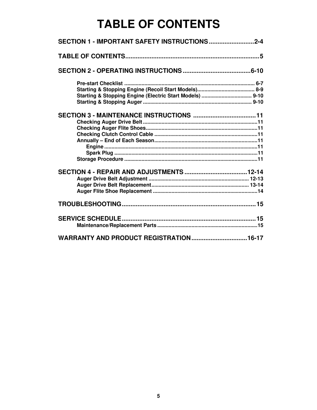 Snapper LE3171R, LE3191R, LE3191E important safety instructions Table of Contents 