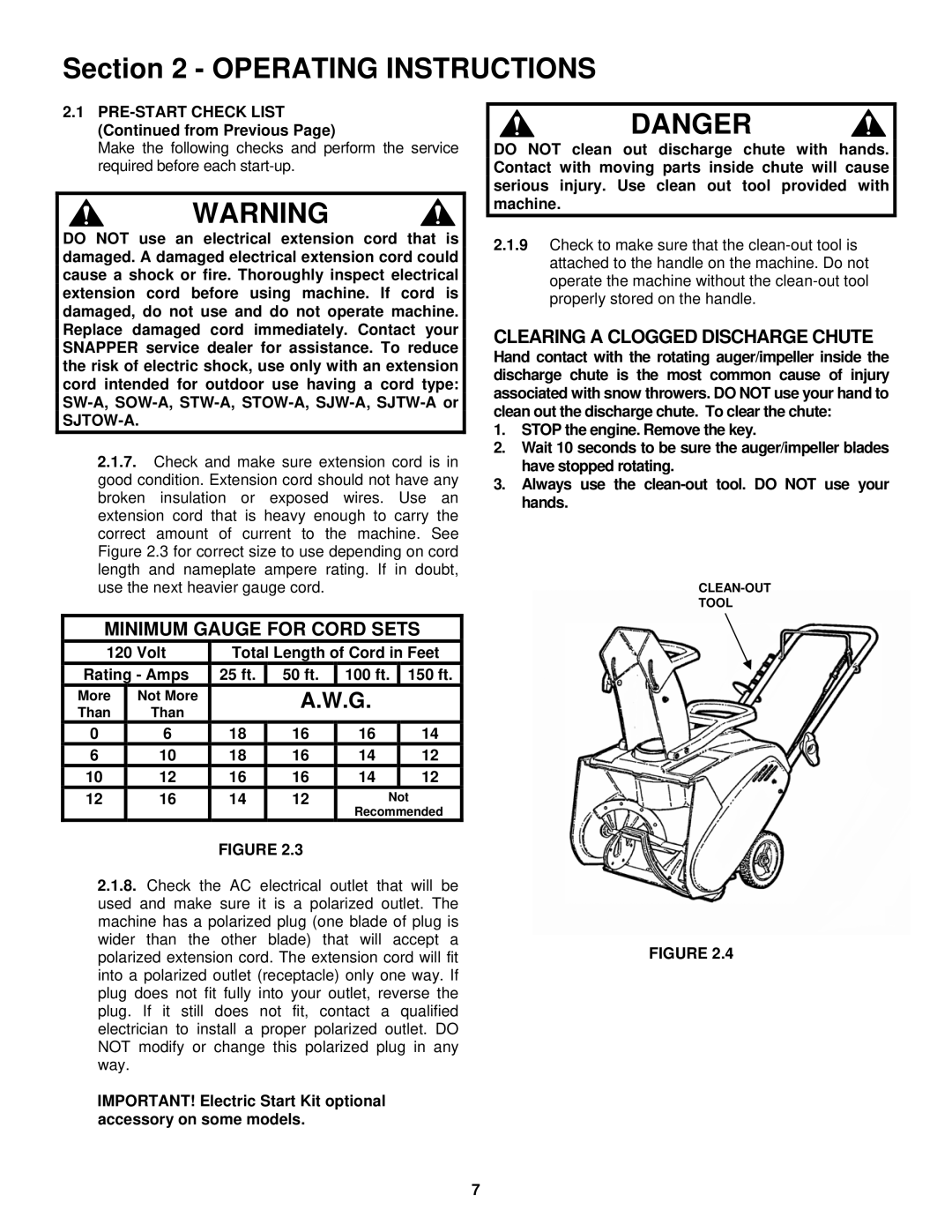 Snapper LE3171R, LE3191R, LE3191E Minimum Gauge for Cord Sets, Clearing a Clogged Discharge Chute 