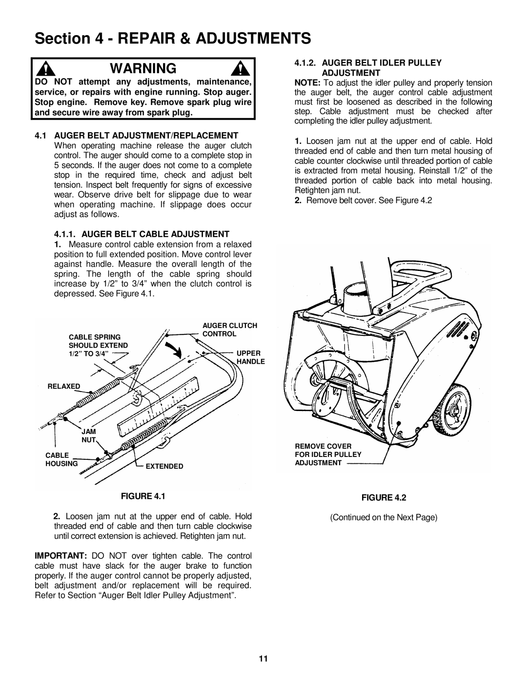 Snapper LE3170R, LE3190R, LE3190E Auger Belt Cable Adjustment, Auger Belt Idler Pulley Adjustment 