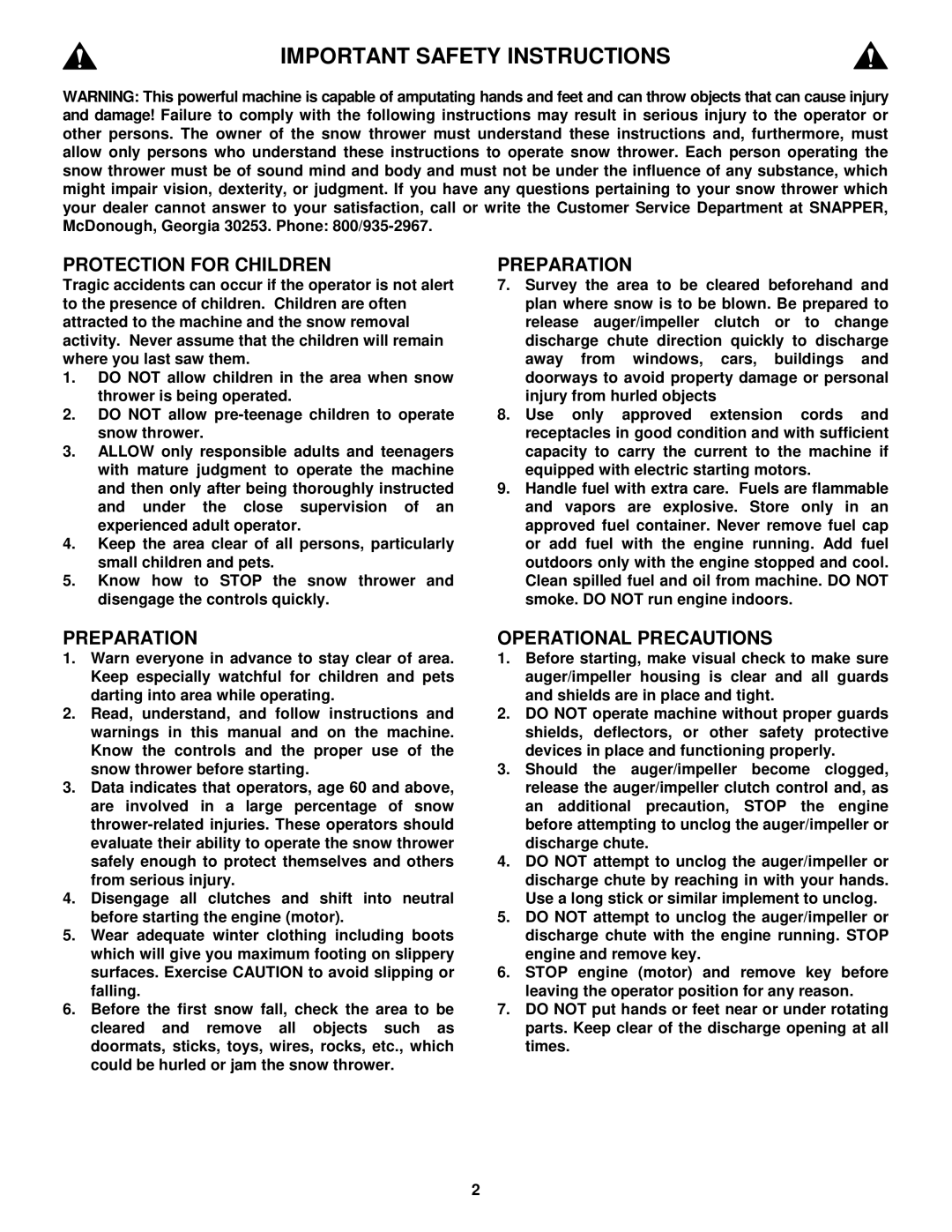 Snapper LE3190E, LE3190R, LE3190E, LE3170R, LE3190R, LE3190E Protection for Children, Preparation, Operational Precautions 