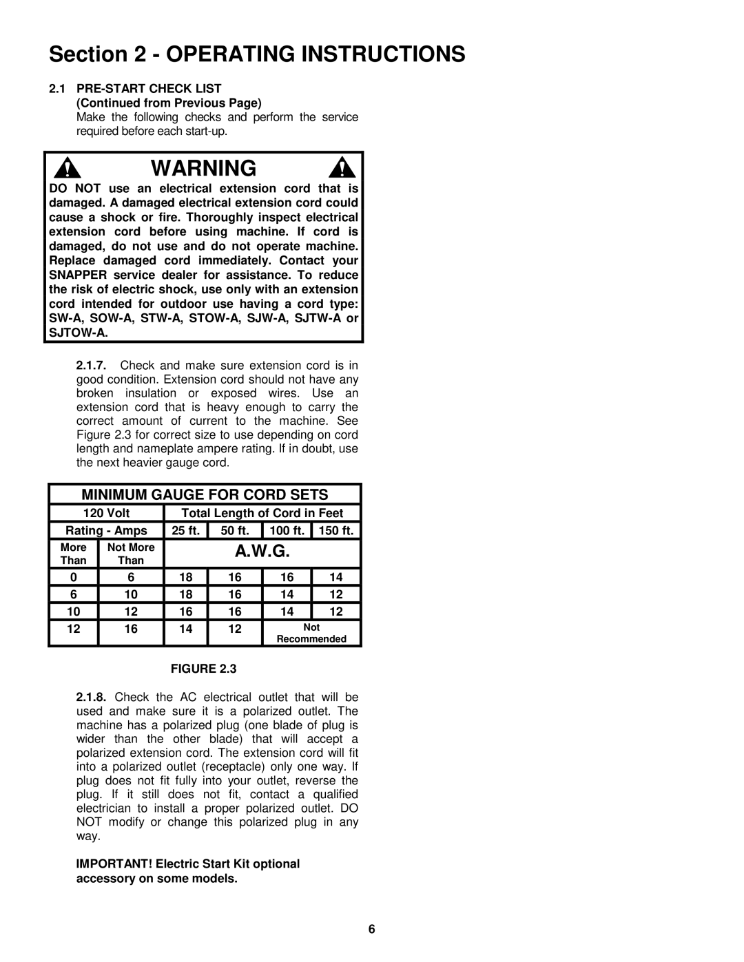 Snapper LE3190E, LE3190R, LE3190E, LE3170R, LE3190R, LE3190E important safety instructions Minimum Gauge for Cord Sets 