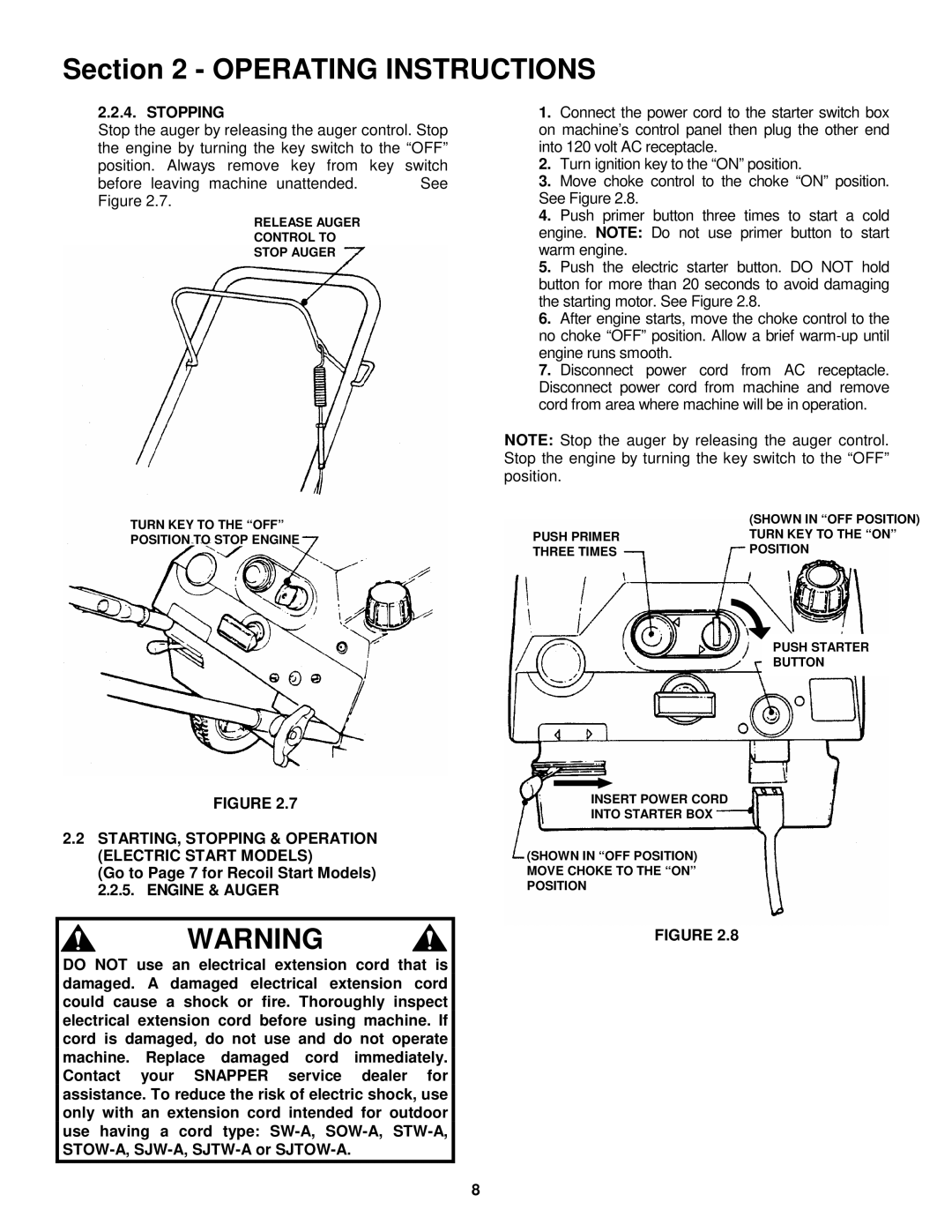 Snapper LE3190E, LE3190R, LE3190E, LE3170R, LE3190R, LE3190E STARTING, Stopping & Operation Electric Start Models 