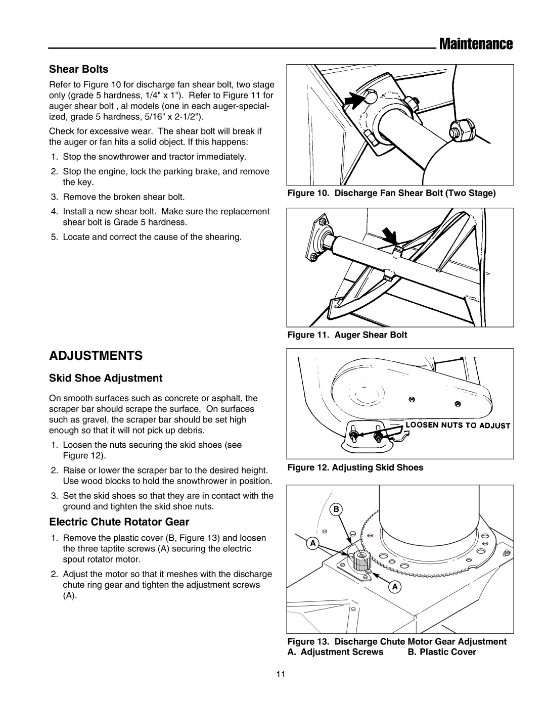 Snapper Legacy XL 2000, Legacy XL 2900 manual Adjustments, Shear Bolts, Skid Shoe Adjustment, Electric Chute Rotator Gear 