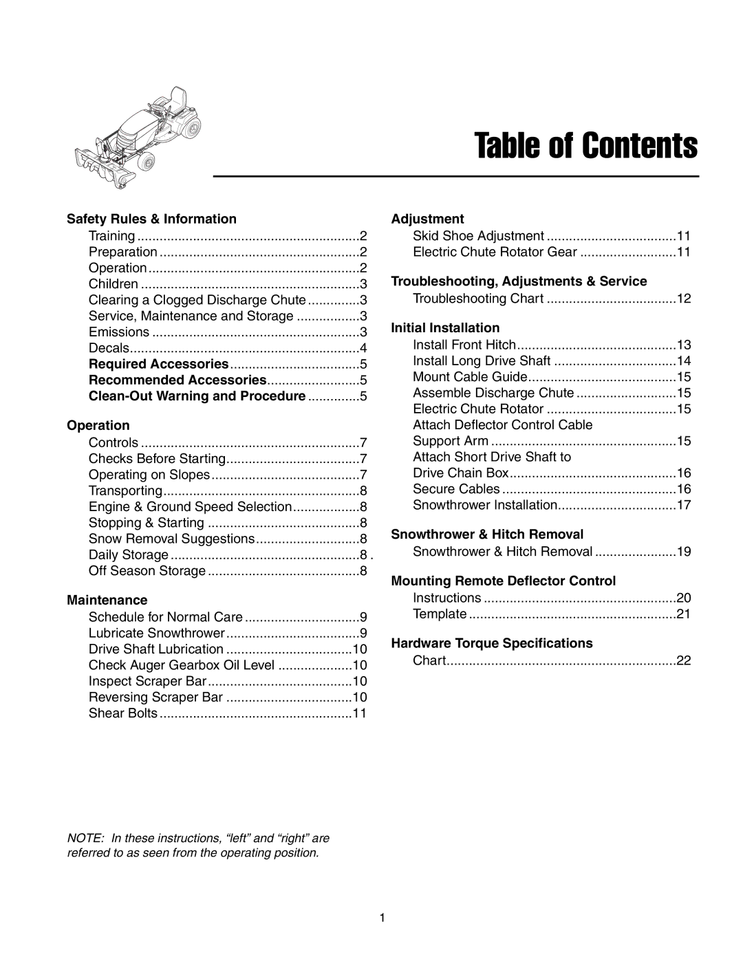 Snapper Legacy XL 2000, Legacy XL 2900 manual Table of Contents 