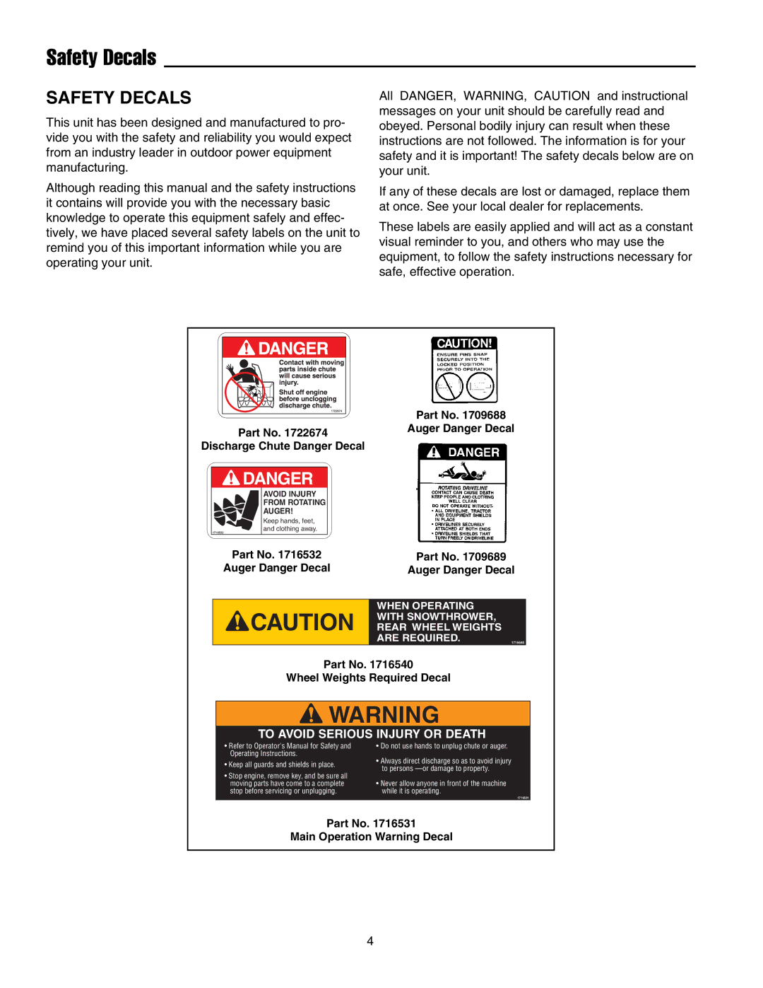 Snapper Legacy XL 2900, Legacy XL 2000 manual Safety Decals 