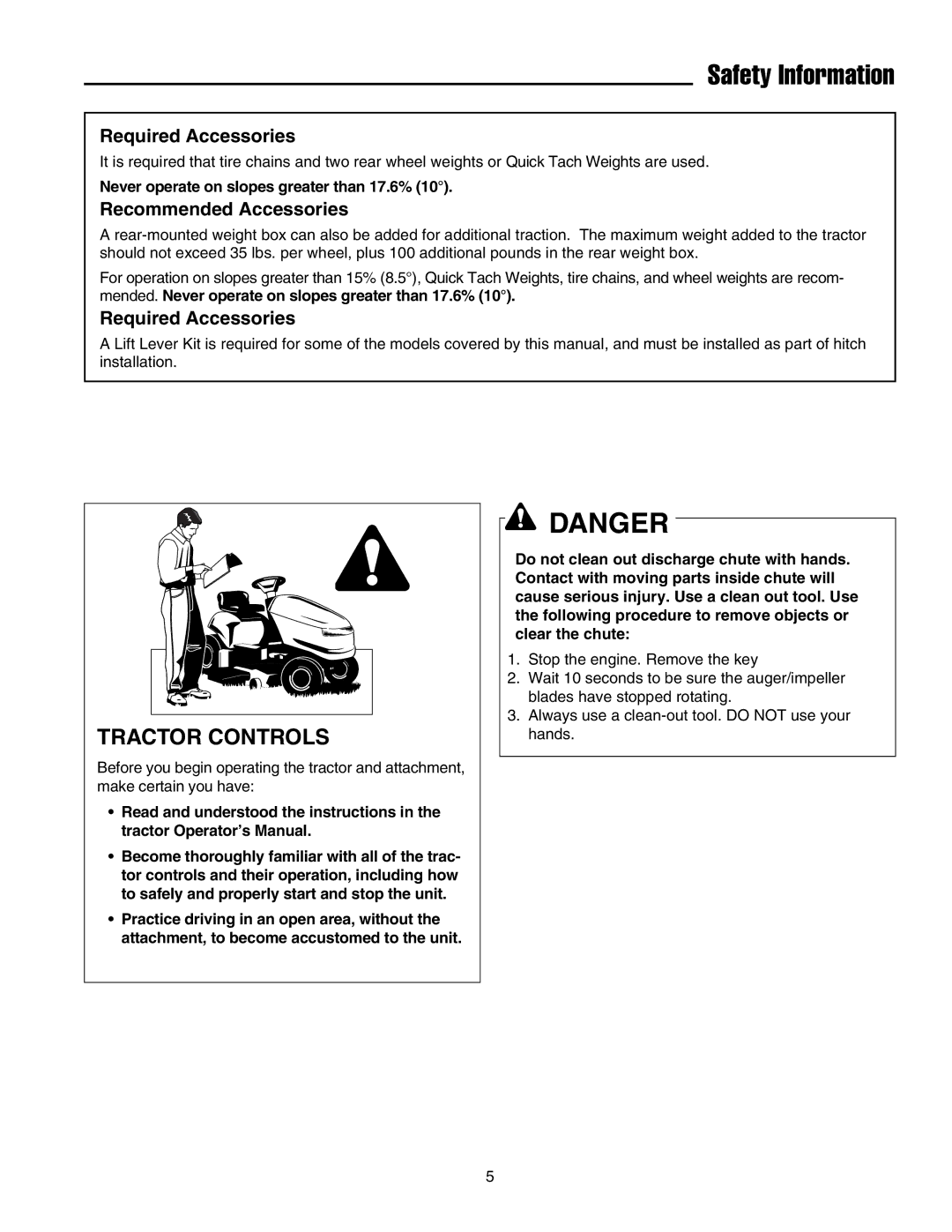 Snapper Legacy XL 2000, Legacy XL 2900 Safety Information, Tractor Controls, Required Accessories, Recommended Accessories 