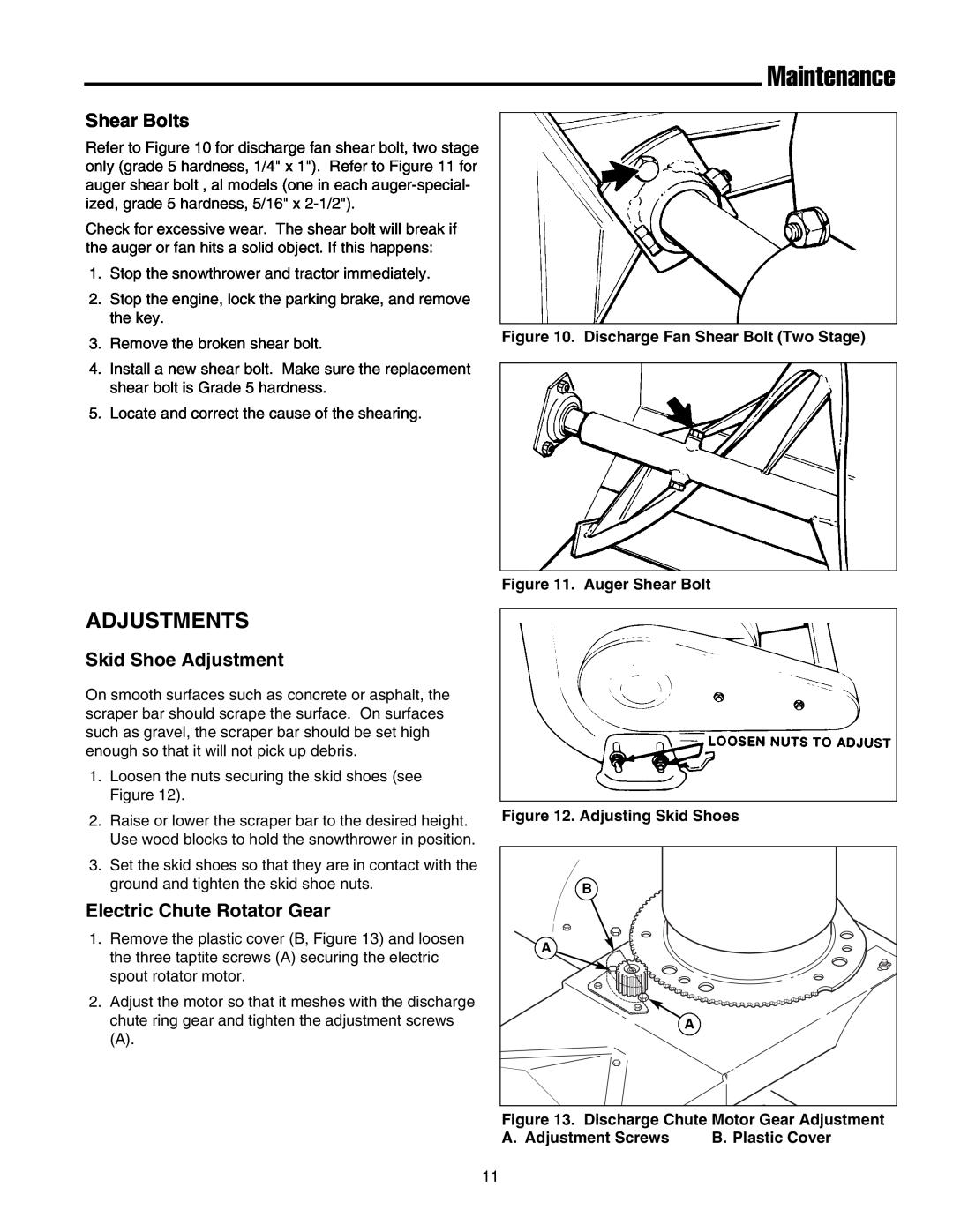 Snapper Legacy XL 2000 manual Adjustments, Shear Bolts, Skid Shoe Adjustment, Electric Chute Rotator Gear, Maintenance 