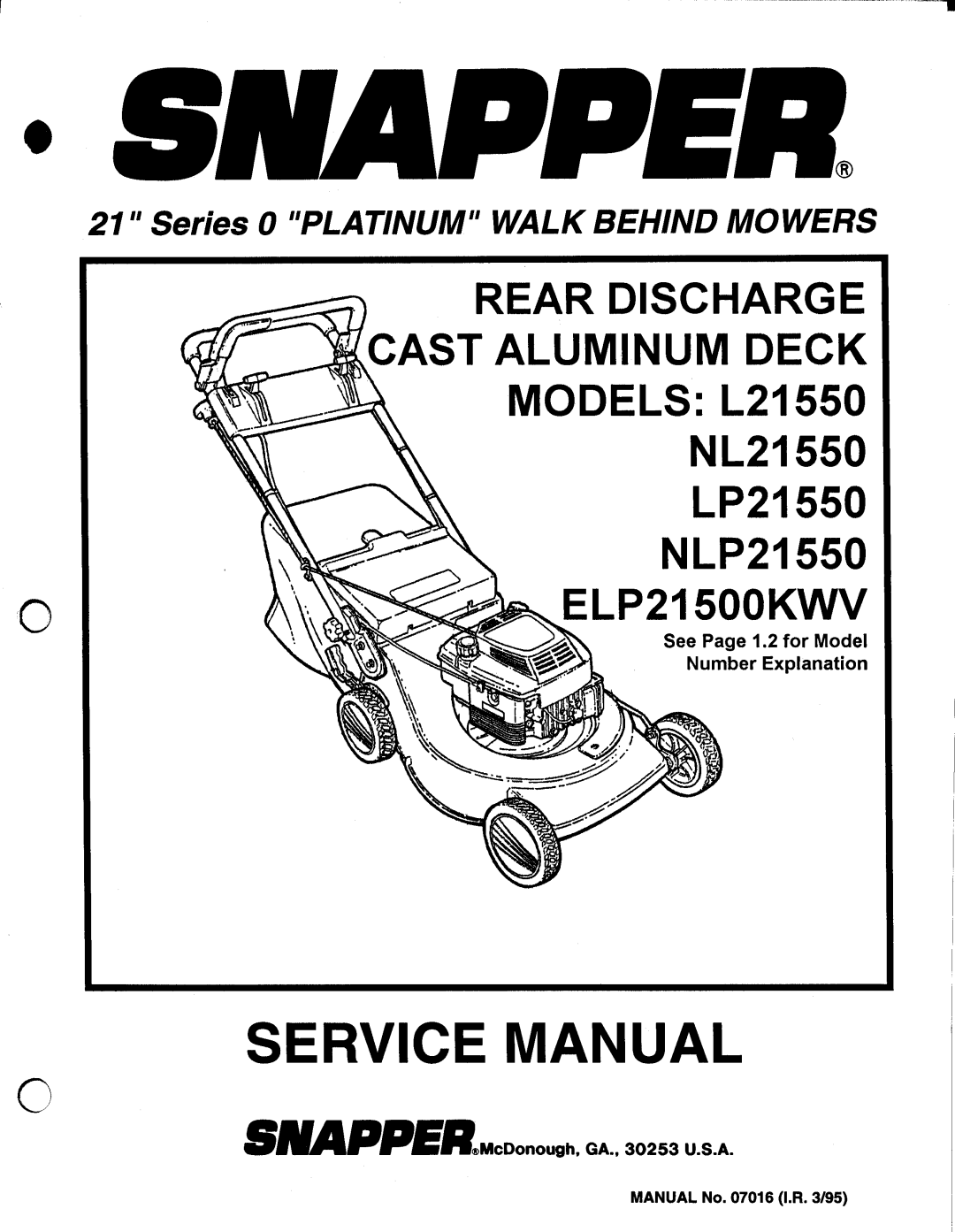 Snapper ELP21500KWV, LP21550, NL21550 manual 