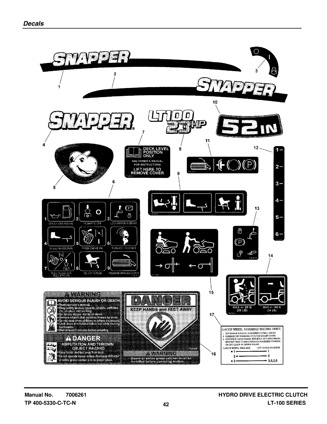 Snapper LT-100 Series manual Decals 