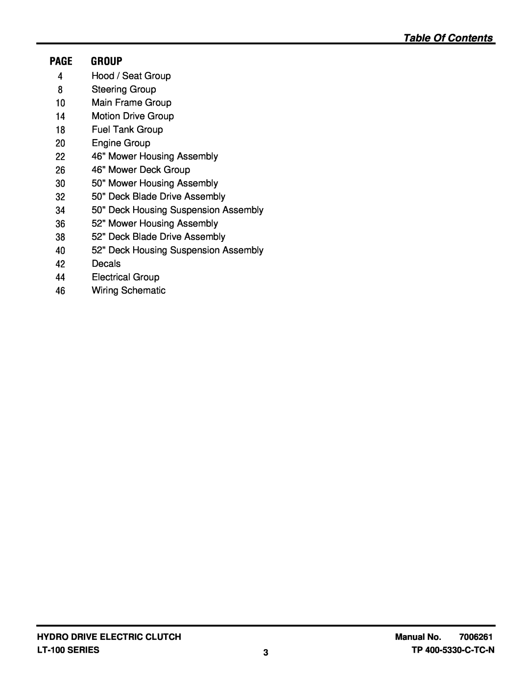 Snapper LT-100 Series manual Table Of Contents, Page Group 