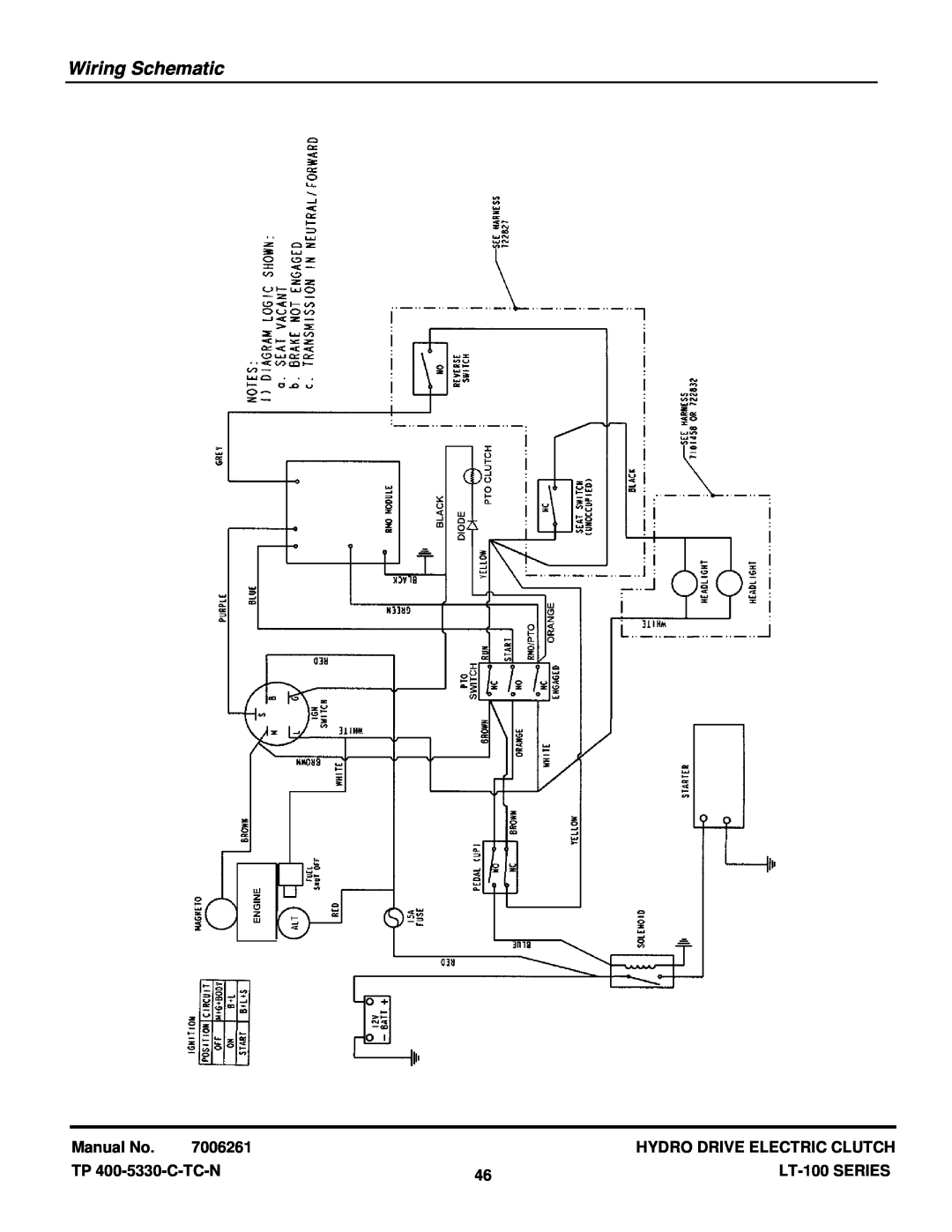 Snapper LT-100 Series Wiring Schematic, Manual No, 7006261, Hydro Drive Electric Clutch, TP 400-5330-C-TC-N, LT-100SERIES 