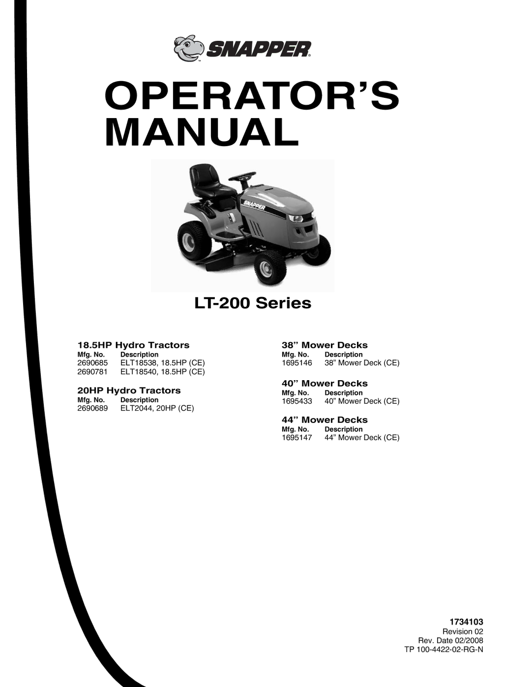 Snapper LT-200 Series manual 18.5HP Hydro Tractors Mower Decks, Mower Decks 20HP Hydro Tractors, 1734103 