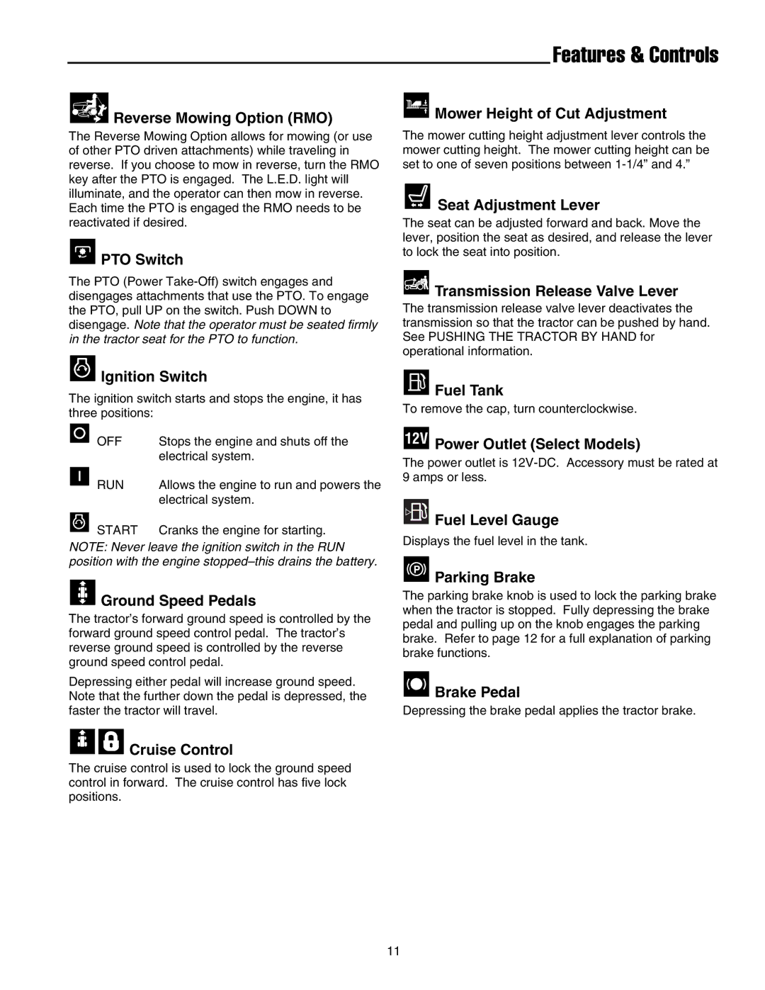 Snapper LT-200 Series manual Features & Controls 