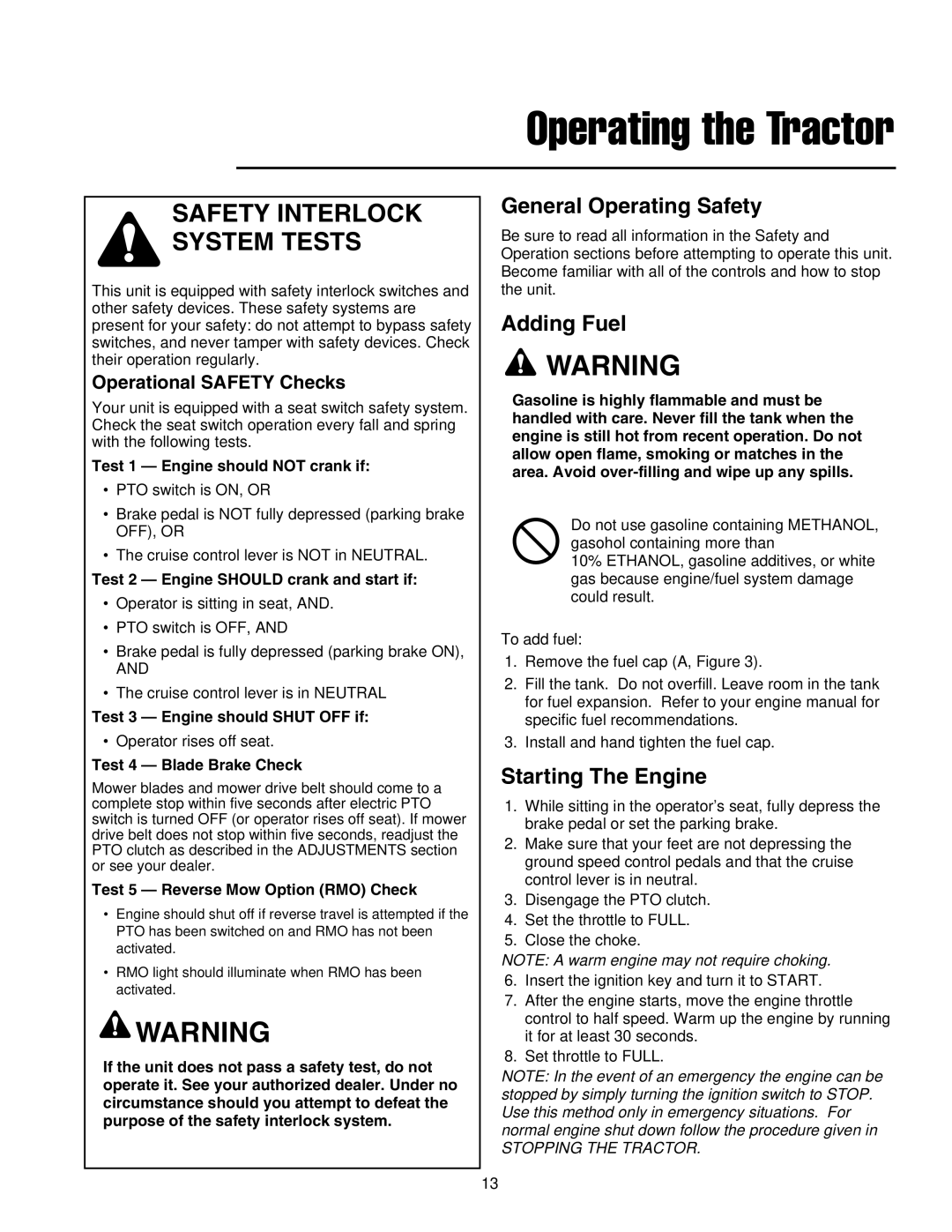 Snapper LT-200 Series manual General Operating Safety, Adding Fuel, Starting The Engine, Operational Safety Checks 