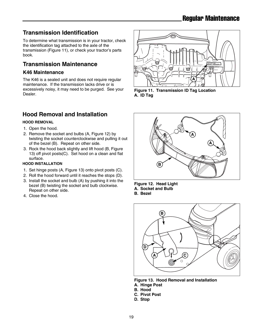 Snapper LT-200 Series manual Transmission Identification, Transmission Maintenance, Hood Removal and Installation 