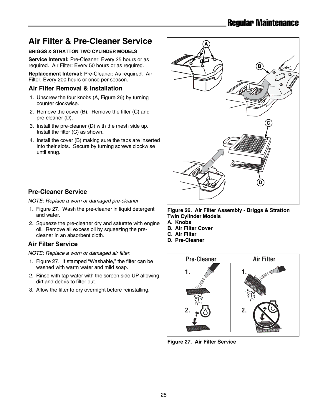 Snapper LT-200 Series manual Air Filter Removal & Installation, Pre-Cleaner Service, Air Filter Service 