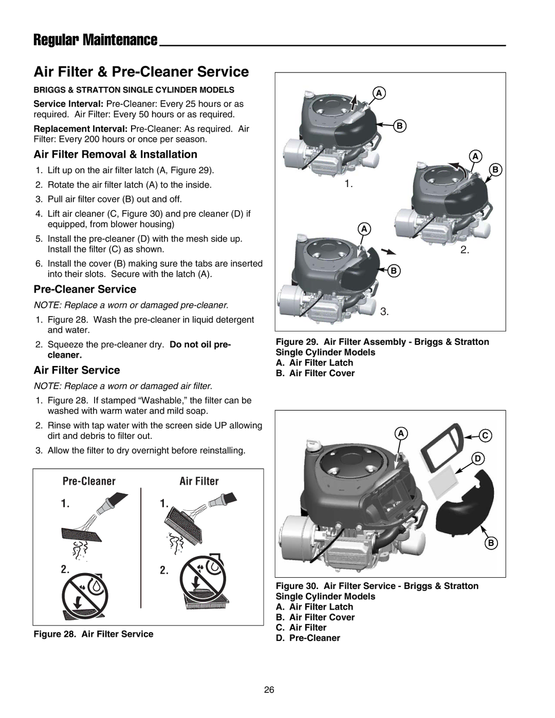 Snapper LT-200 Series manual Briggs & Stratton Single Cylinder Models 