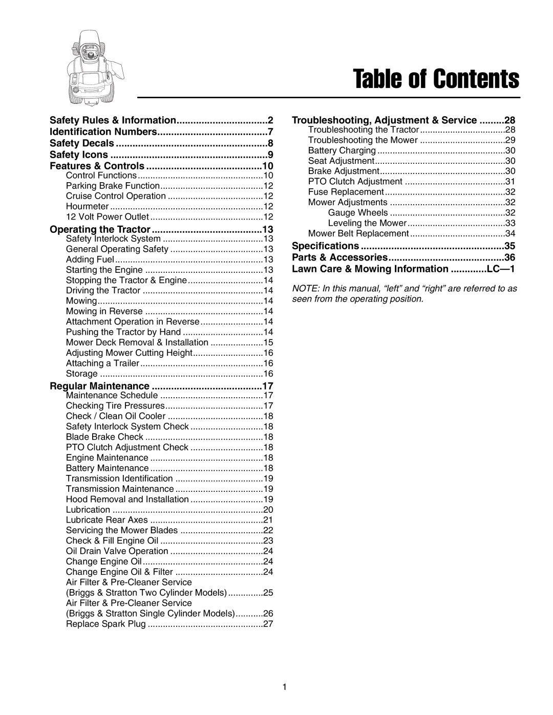 Snapper LT-200 Series manual Table of Contents 