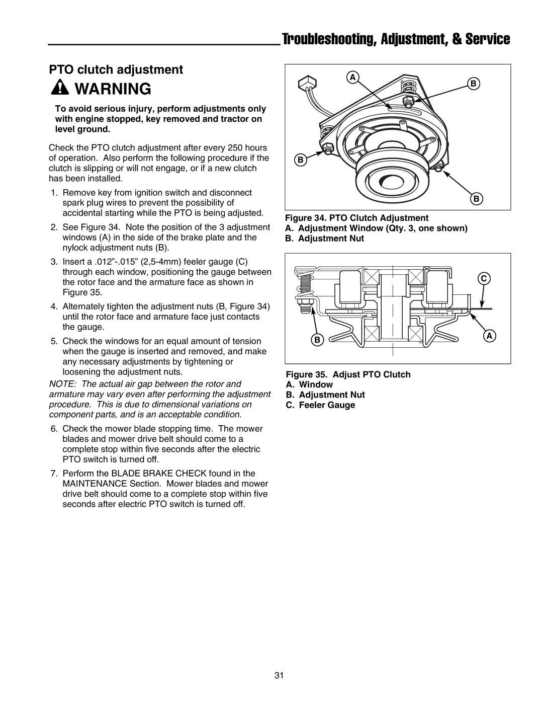 Snapper LT-200 Series manual PTO clutch adjustment, Adjust PTO Clutch Window Adjustment Nut Feeler Gauge 