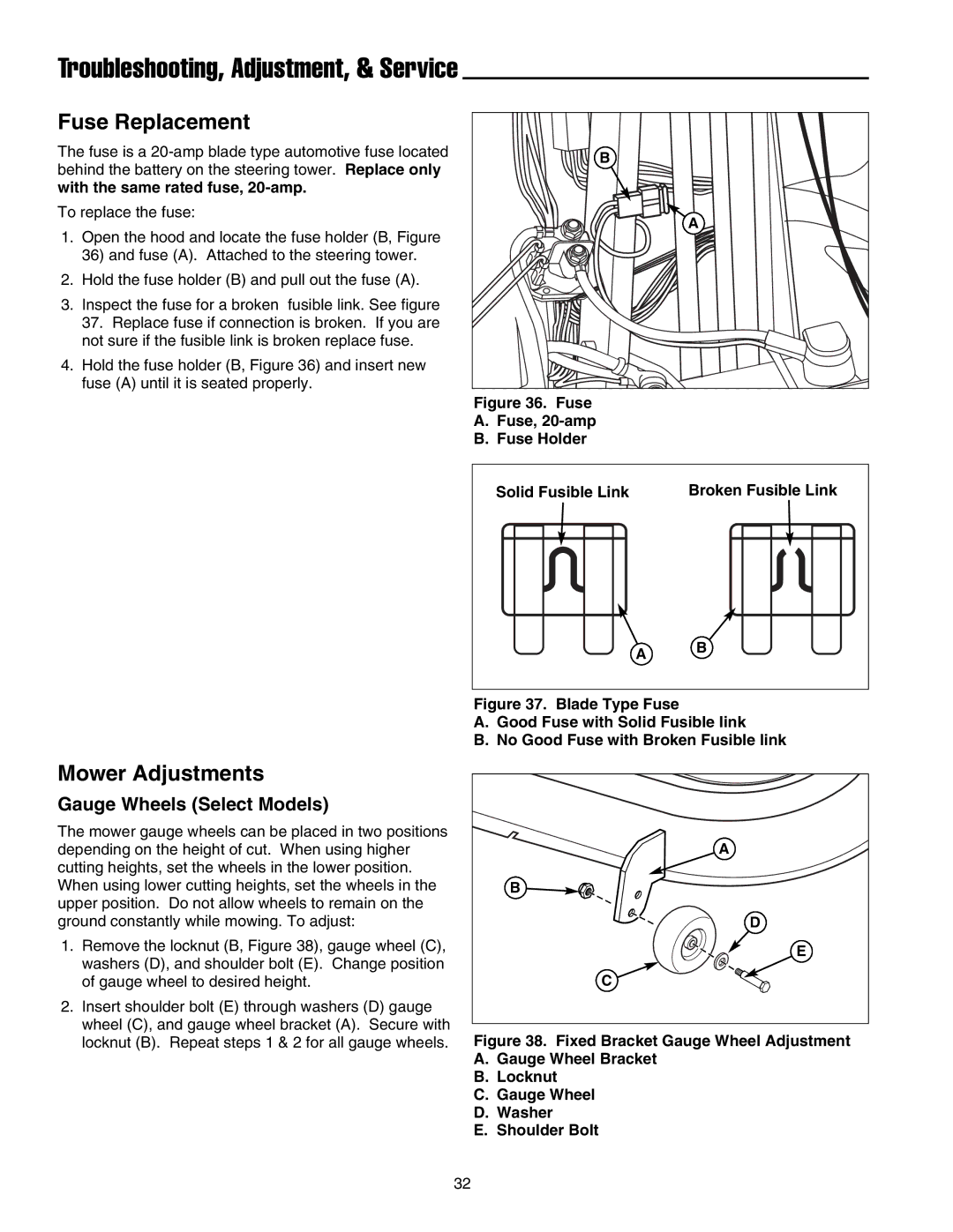 Snapper LT-200 Series manual Fuse Replacement, Mower Adjustments, Gauge Wheels Select Models 