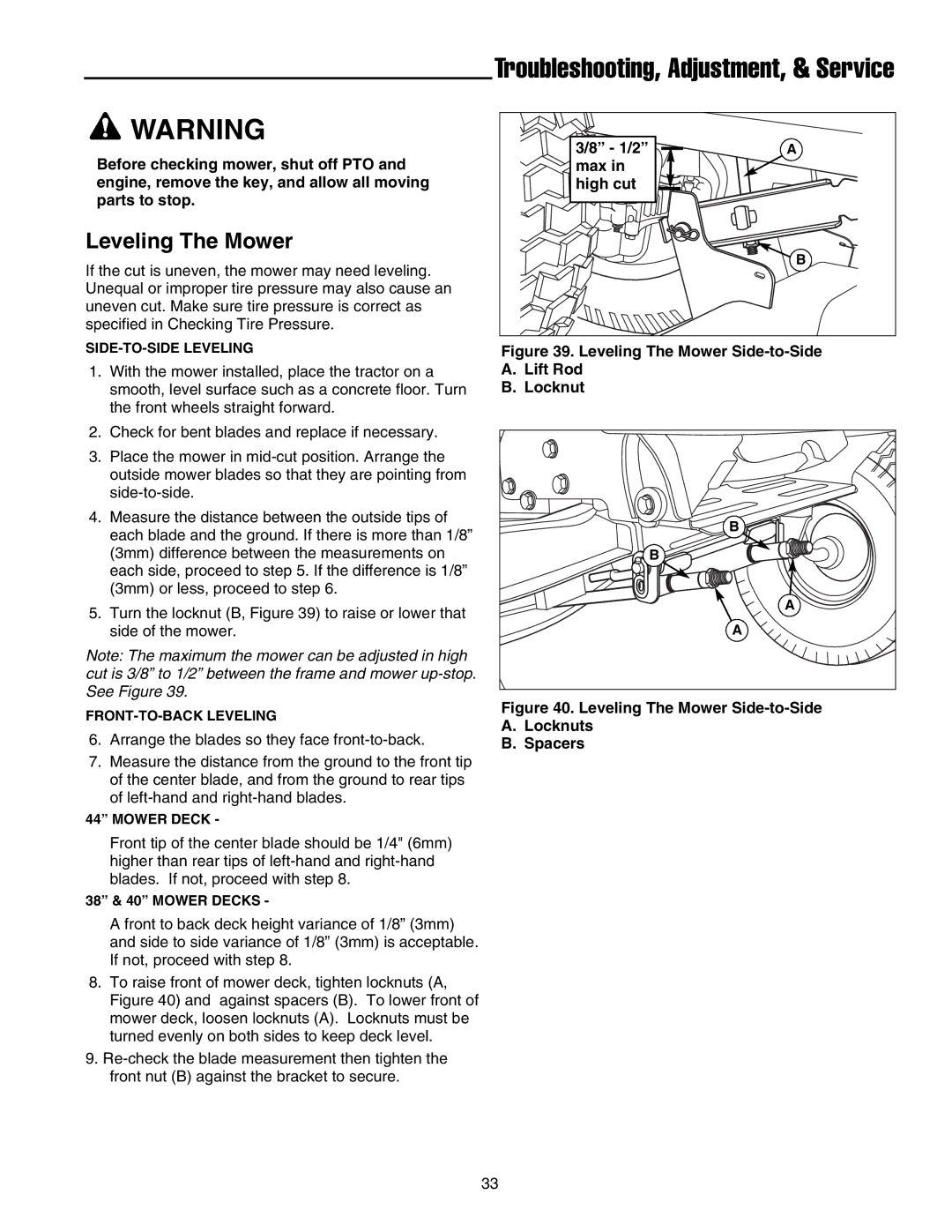 Snapper LT-200 Series manual Leveling The Mower, 1/2 Max High cut, Lift Rod 