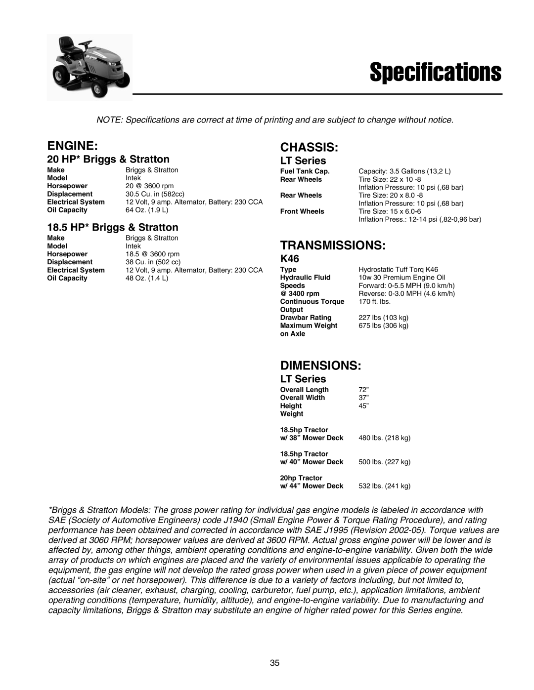 Snapper LT-200 Series manual 20 HP* Briggs & Stratton, 18.5 HP* Briggs & Stratton, LT Series, K46 