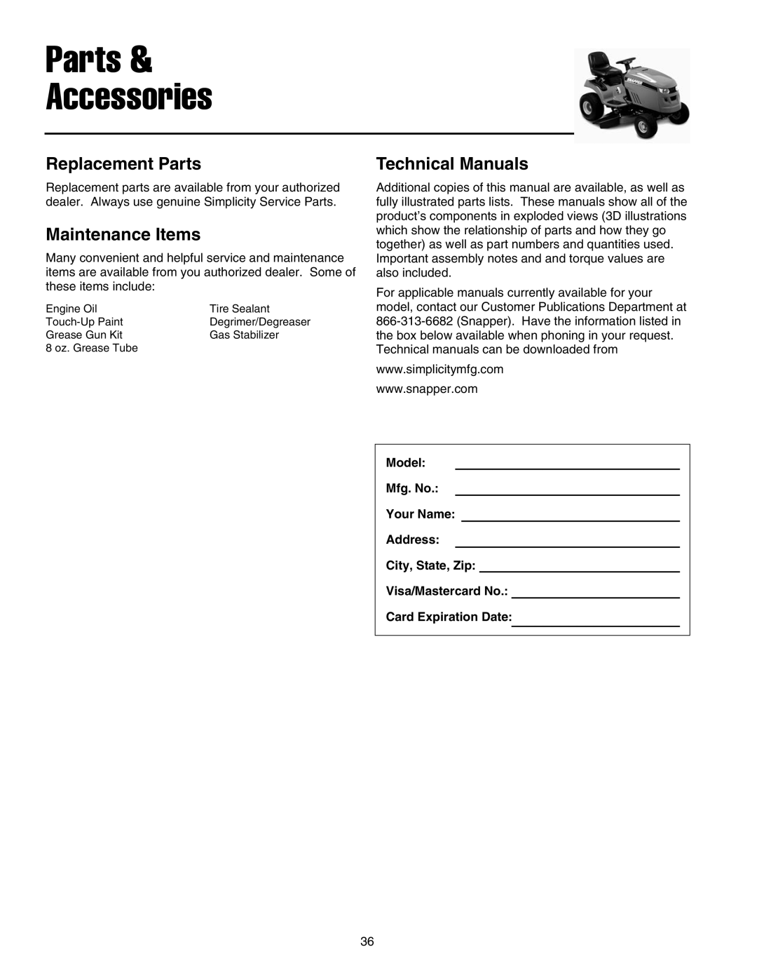 Snapper LT-200 Series manual Replacement Parts, Maintenance Items, Technical Manuals 