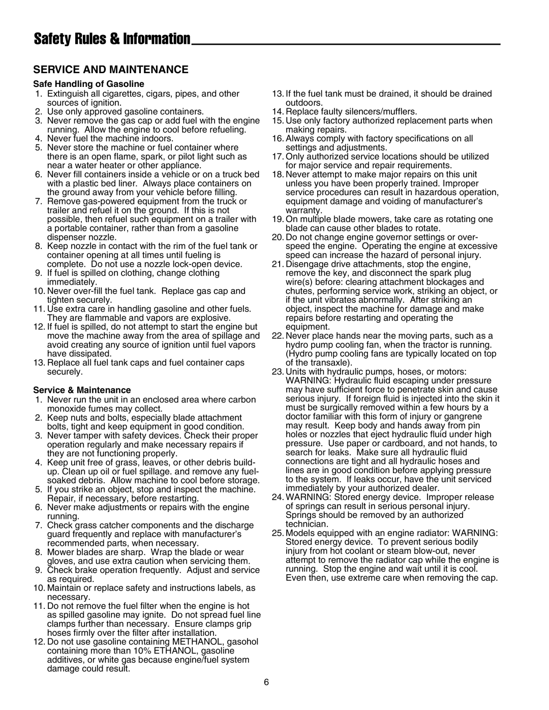 Snapper LT-200 Series manual Safe Handling of Gasoline, Service & Maintenance 