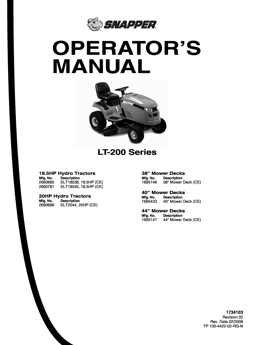 Snapper LT-200 Series manual Operator’S Manual, 2690685, ELT18538, 18.5HP CE, 1695146, 2690781, ELT18540, 18.5HP CE 