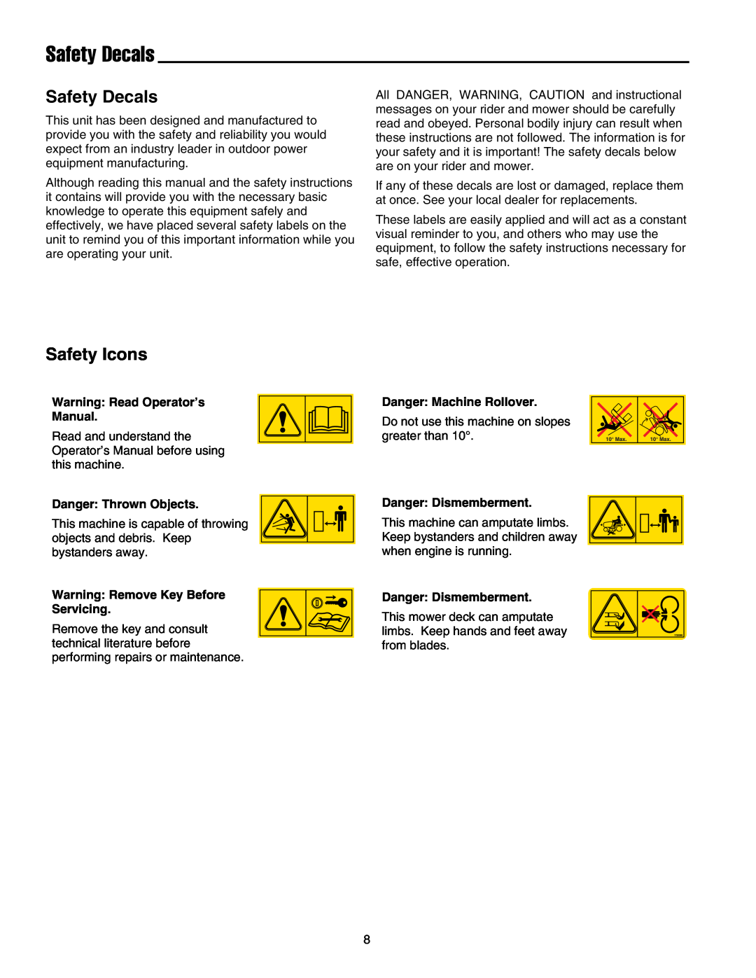 Snapper LT-200 Series manual Safety Decals, Safety Icons 