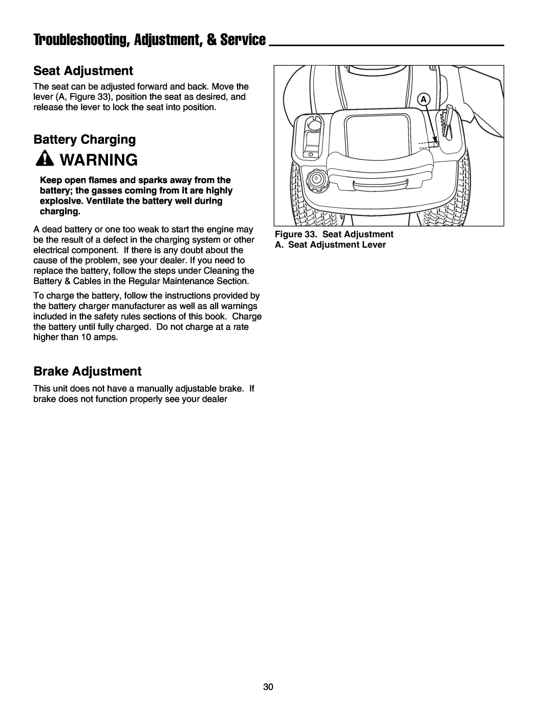 Snapper LT-200 Series manual Troubleshooting, Adjustment, & Service, Seat Adjustment, Battery Charging, Brake Adjustment 