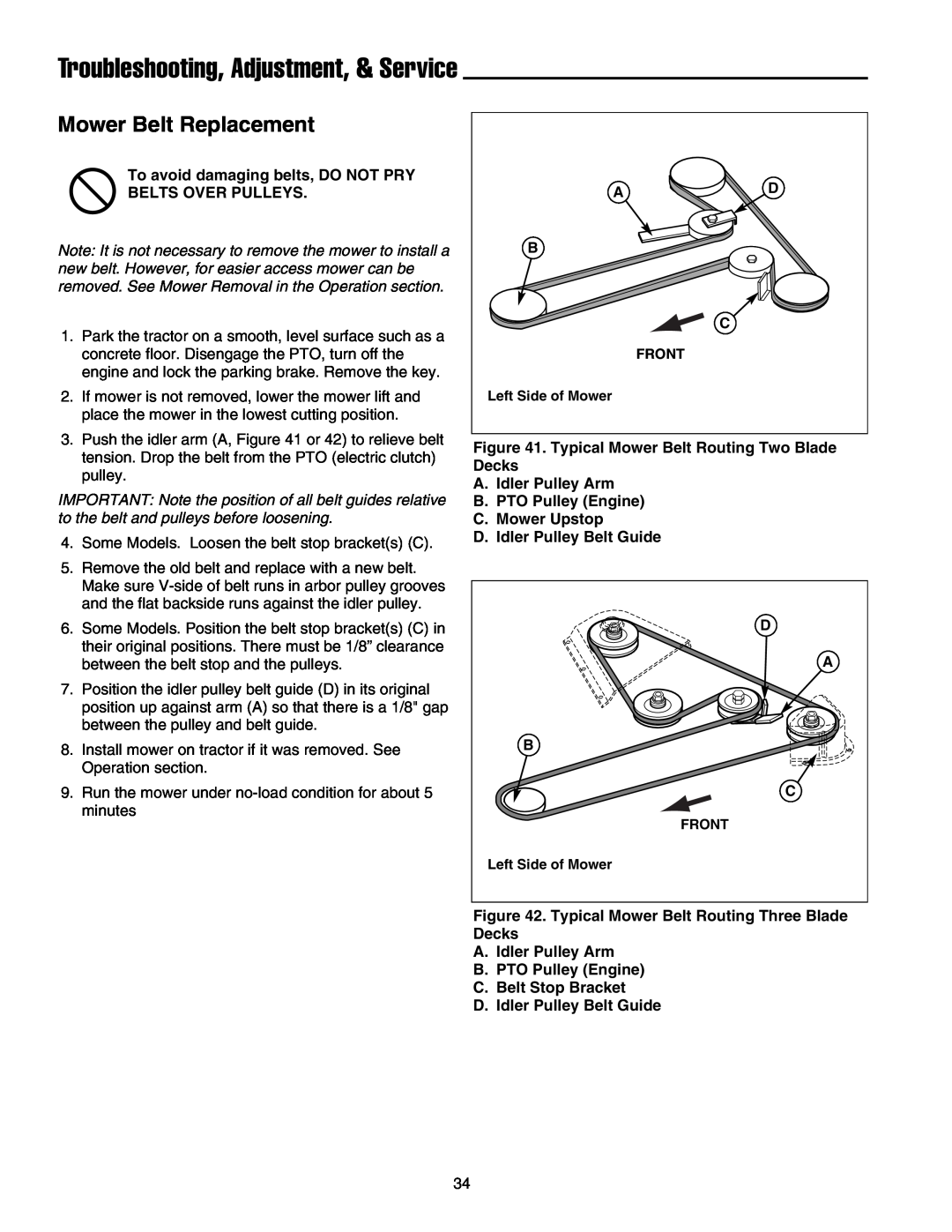 Snapper LT-200 Series manual Mower Belt Replacement, Troubleshooting, Adjustment, & Service 
