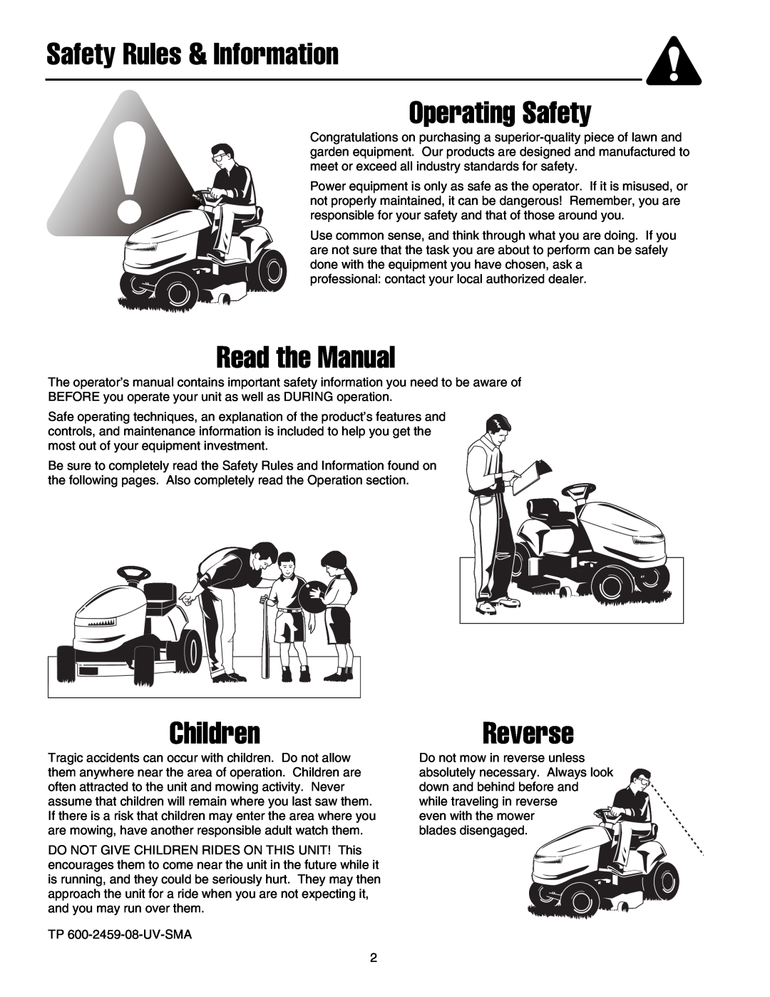 Snapper LT-200 Series manual Safety Rules & Information Operating Safety, Read the Manual, ChildrenReverse 
