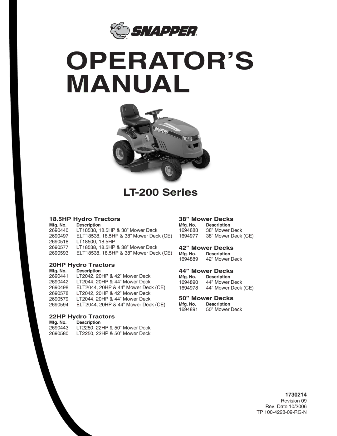 Snapper LT-200 manual 18.5HP Hydro Tractors Mower Decks, 20HP Hydro Tractors, 22HP Hydro Tractors, 1730214 