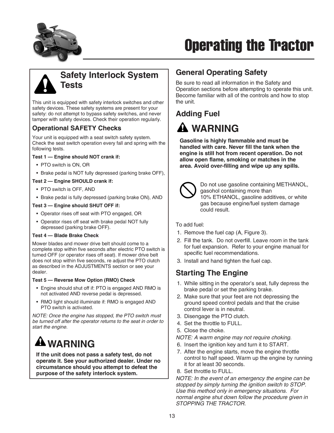 Snapper LT-200 manual General Operating Safety, Adding Fuel, Starting The Engine, Operational Safety Checks 