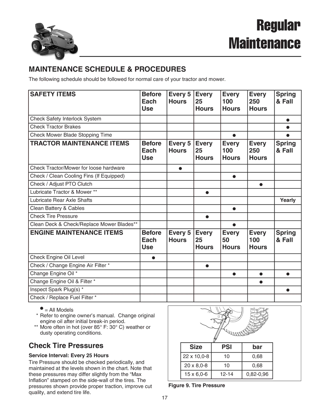 Snapper LT-200 manual Check Tire Pressures, Before Every Spring Each Hours 100 250 Fall Use, Size, Bar 