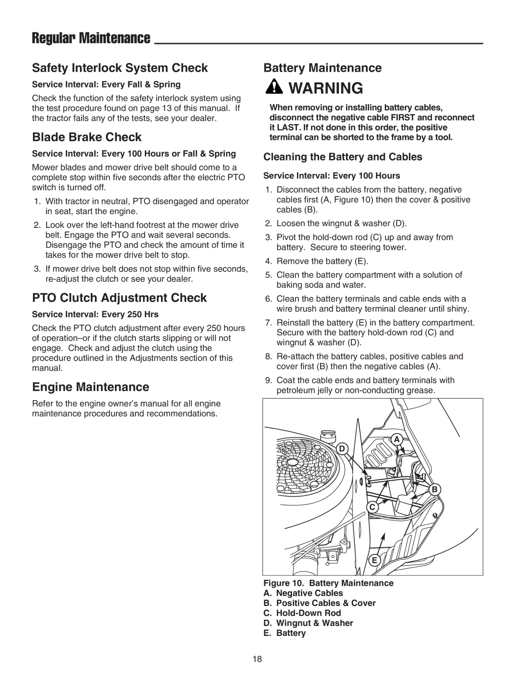 Snapper LT-200 manual Regular Maintenance, Safety Interlock System Check, Blade Brake Check, PTO Clutch Adjustment Check 