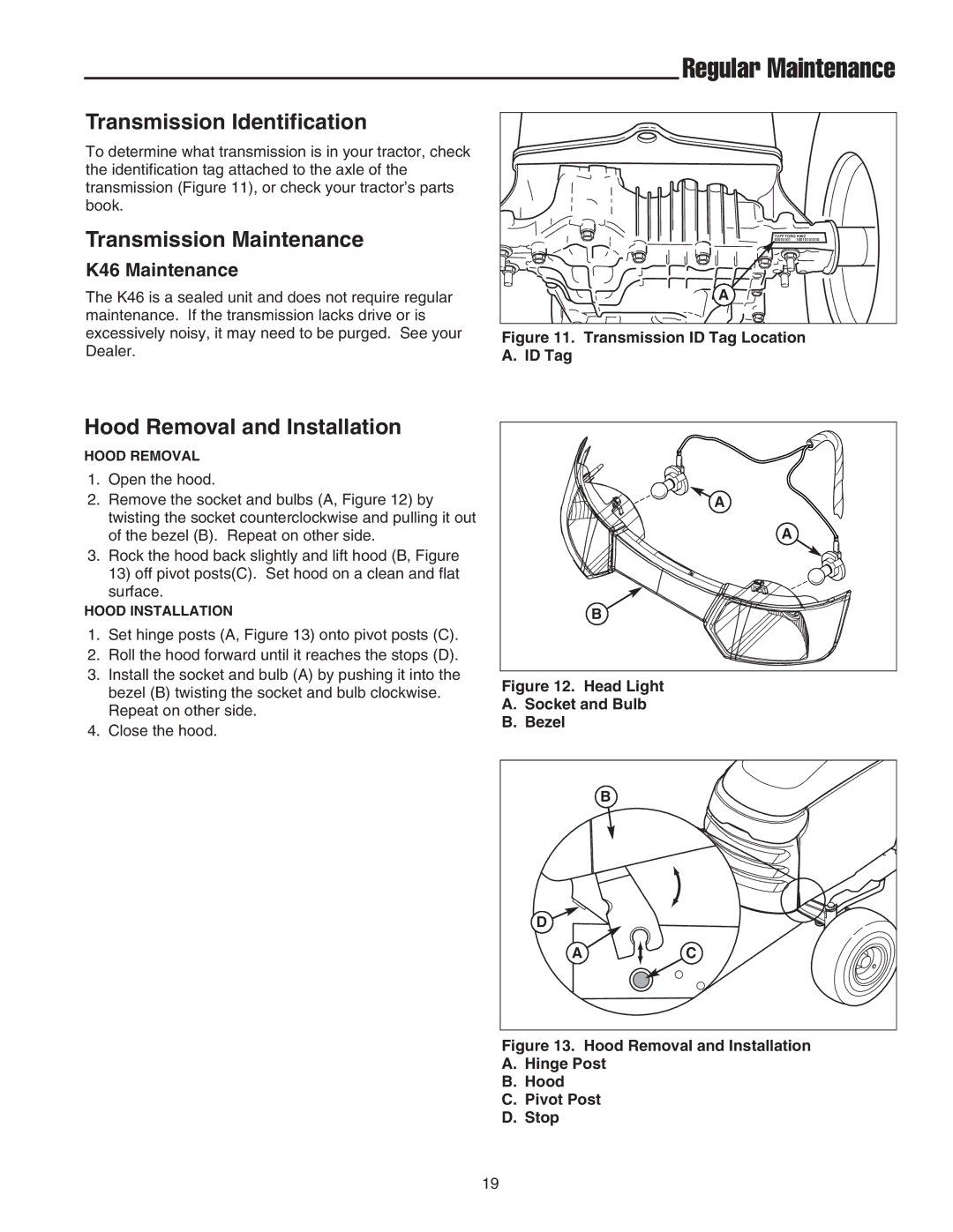 Snapper LT-200 manual Transmission Identification, Transmission Maintenance, Hood Removal and Installation, K46 Maintenance 