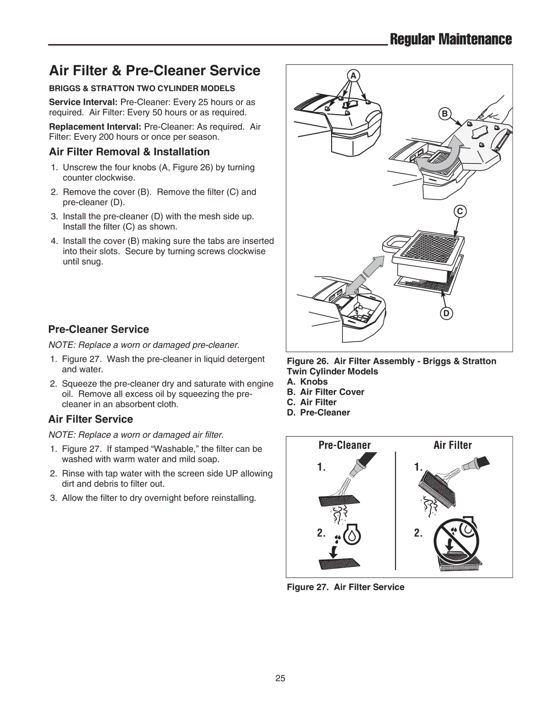 Snapper LT-200 manual Air Filter Removal & Installation, Pre-Cleaner Service, Air Filter Service 